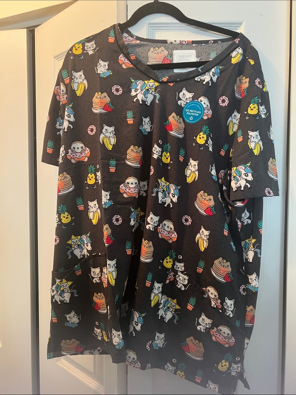 Cherokee Black Short Sleeve Tee with Colorful Cat & Food Print
